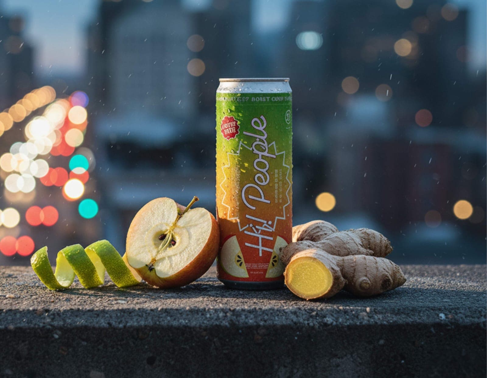 Hi! People Connecticut Honey Crisp with a Twist can on a concrete ledge with halved apple, apple peel, and ginger root against city bokeh lights