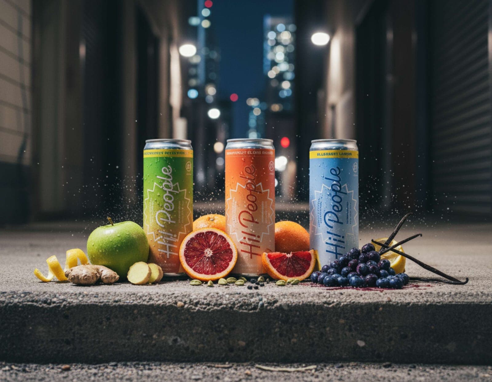 Three Hi! People THC-infused seltzer cans -- Connecticut Honey Crisp, Grapefruit Blood Orange, and Blueberry Lemon -- lined up on concrete with fresh fruits in an urban alley at night