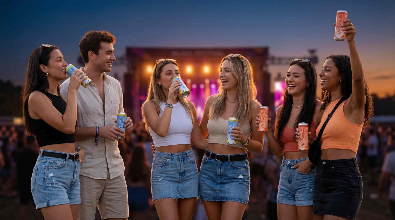 Group of six friends at a music festival at dusk, laughing and holding Hi! People seltzer cans with a lit stage and crowd in the background