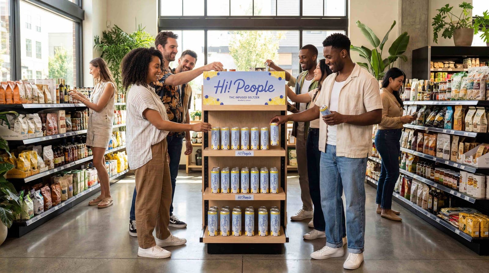 Shoppers gathered around a branded Hi! People THC Infused Seltzer retail display stand in a modern grocery store, reaching for cans