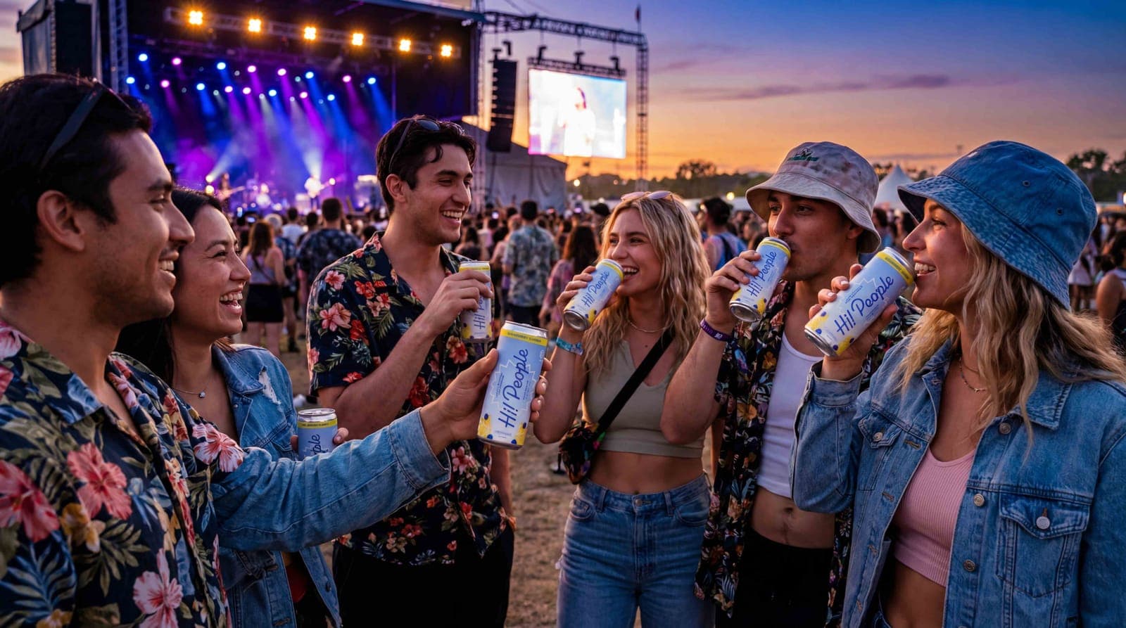 Group of friends drinking Hi! People seltzers at a music festival at sunset