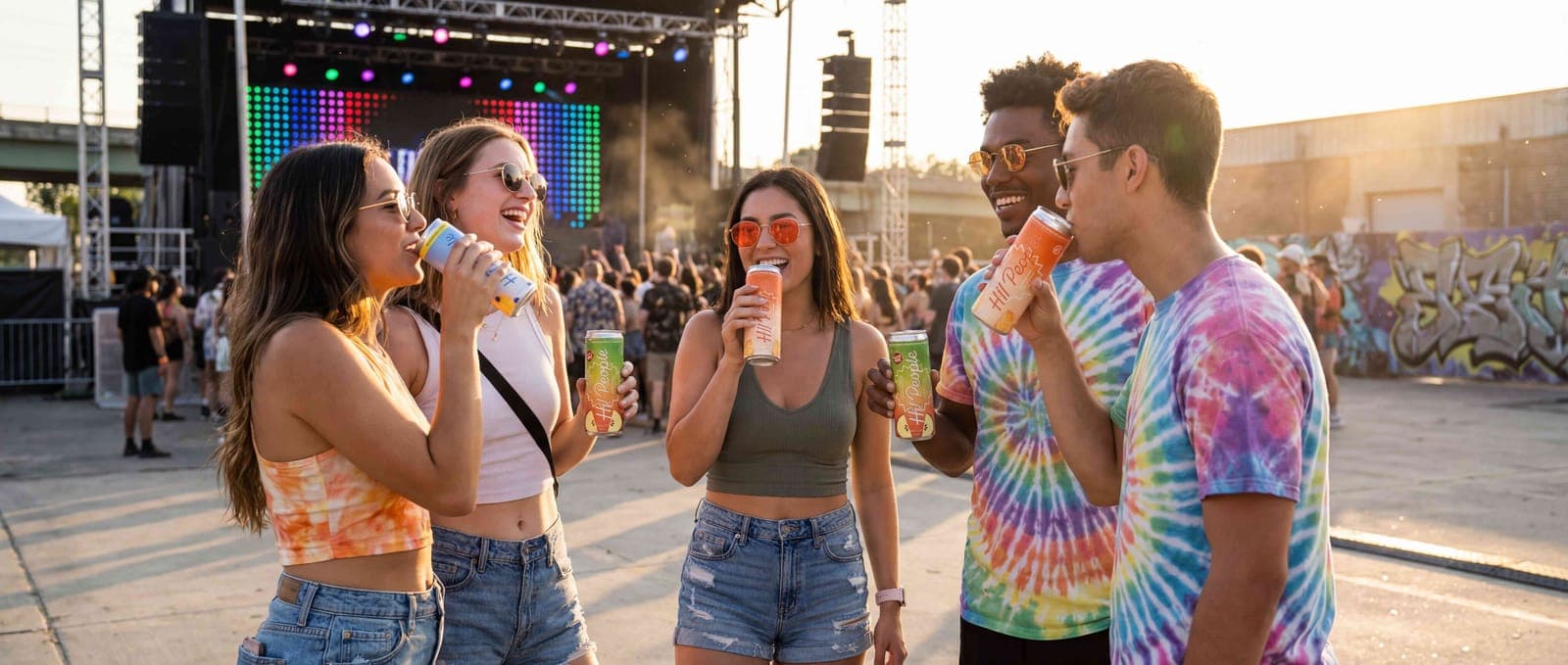 Five friends enjoying Hi! People seltzers at an outdoor music festival during golden hour with a colorful LED stage and crowd in the background