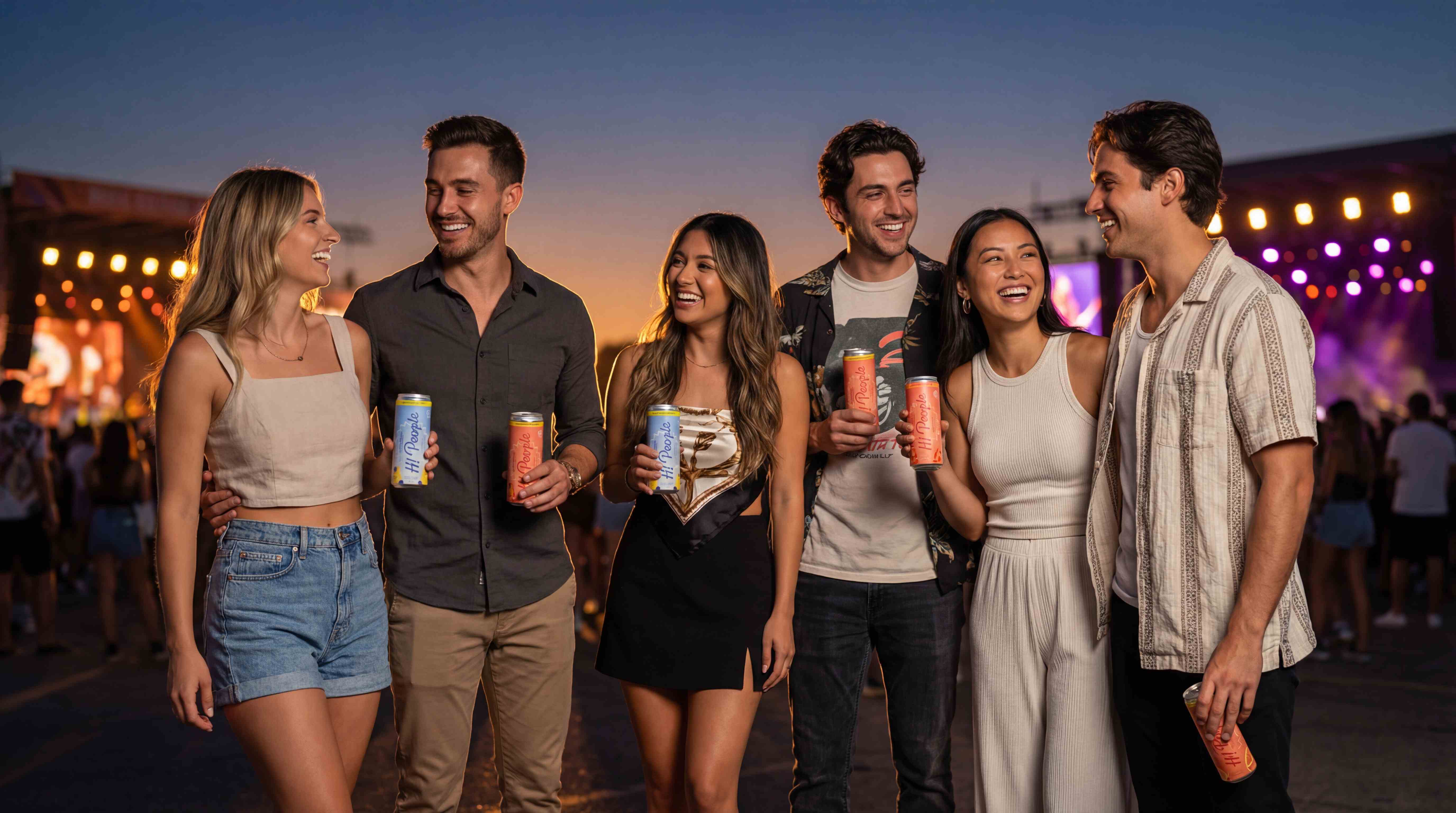 Six stylish friends holding Hi! People seltzer cans at a music festival at dusk with stage lights glowing in the background