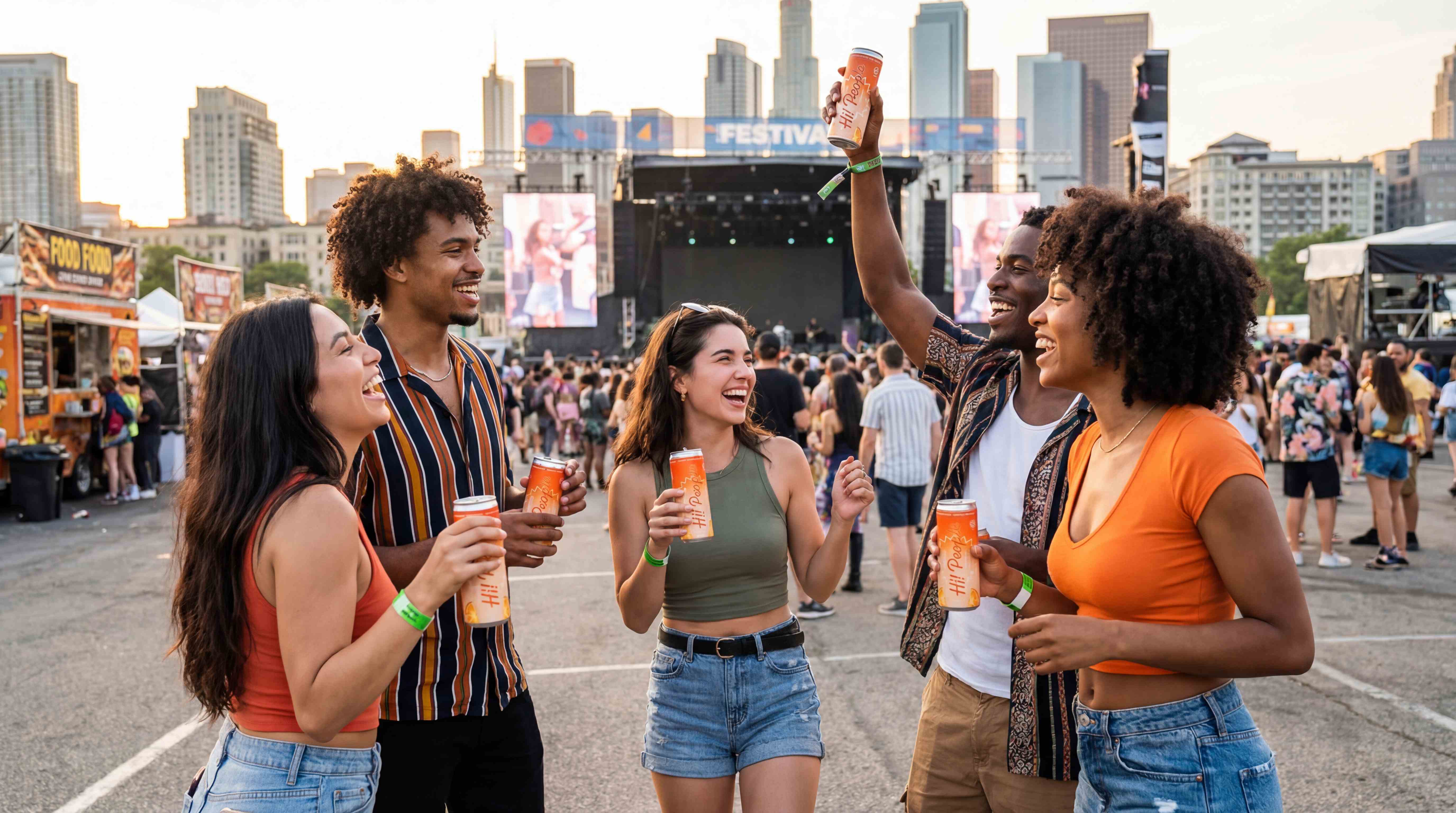 Five diverse friends laughing and holding Hi! People seltzers at a city music festival with a stage, skyline, and food trucks in the background