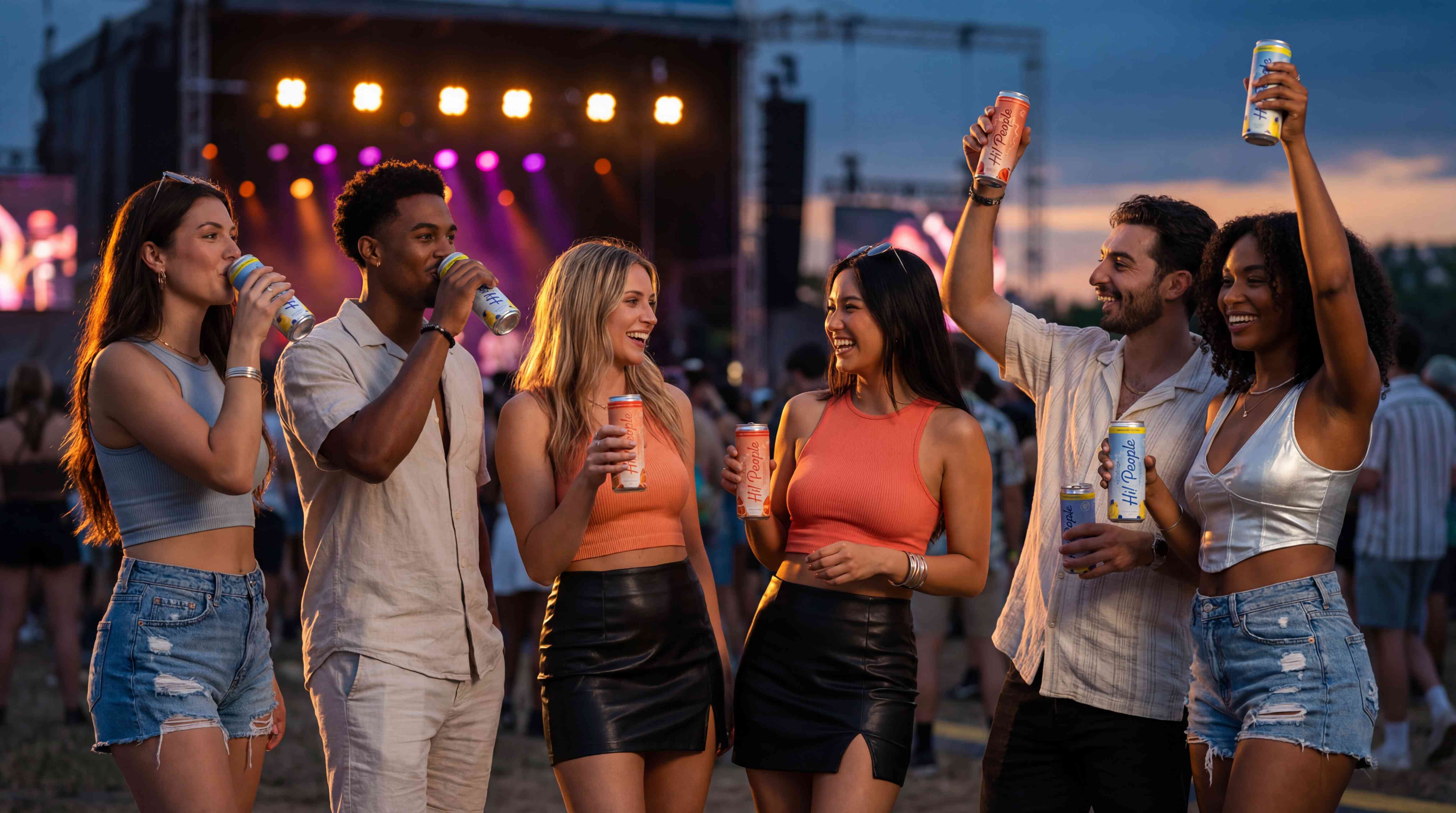 Six diverse friends enjoying Hi! People seltzer cans at a music festival at dusk with purple and orange stage lights glowing behind them