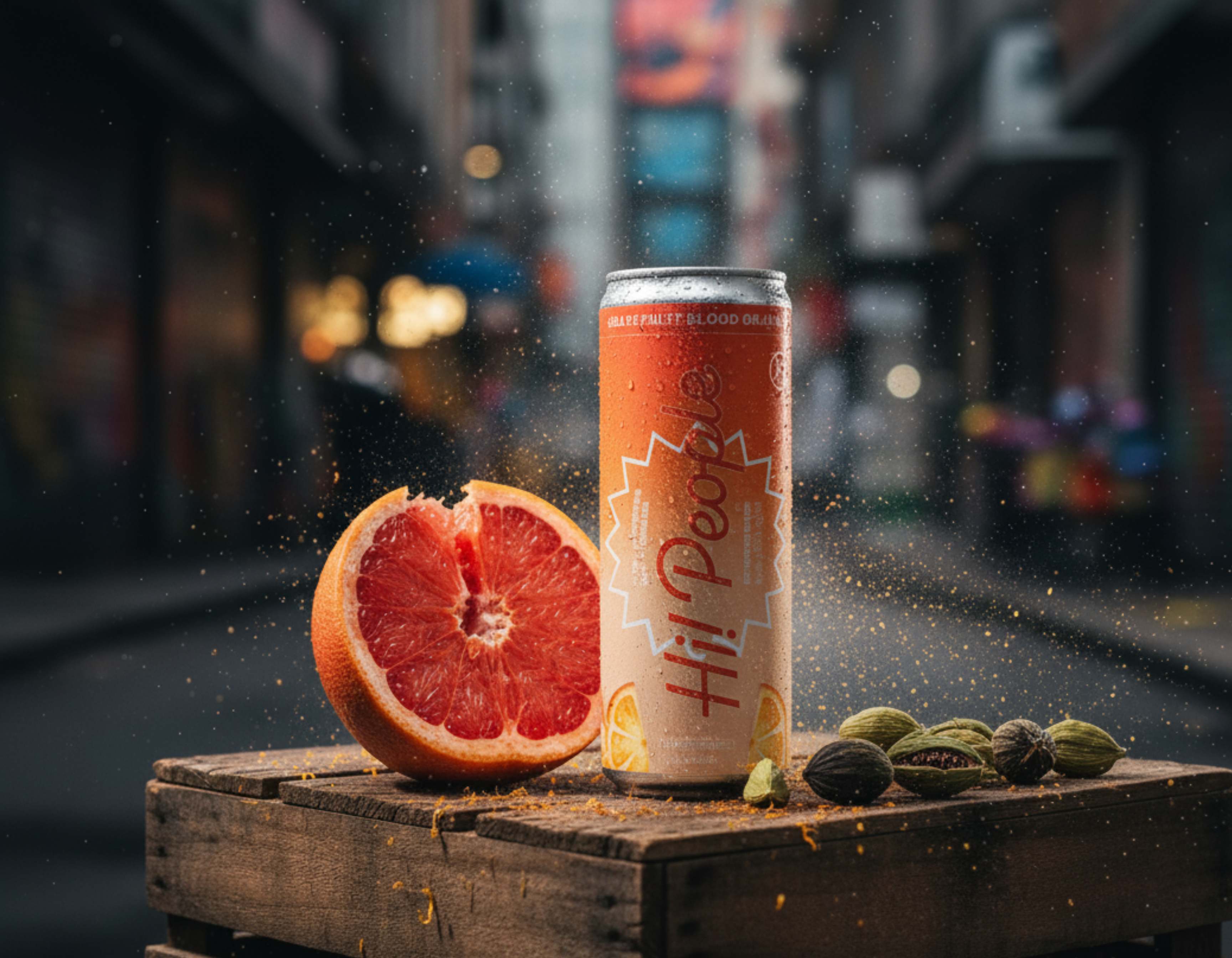 Hi! People Grapefruit Blood Orange can on a wooden crate with halved grapefruit and cardamom pods in an urban alley with bokeh lights