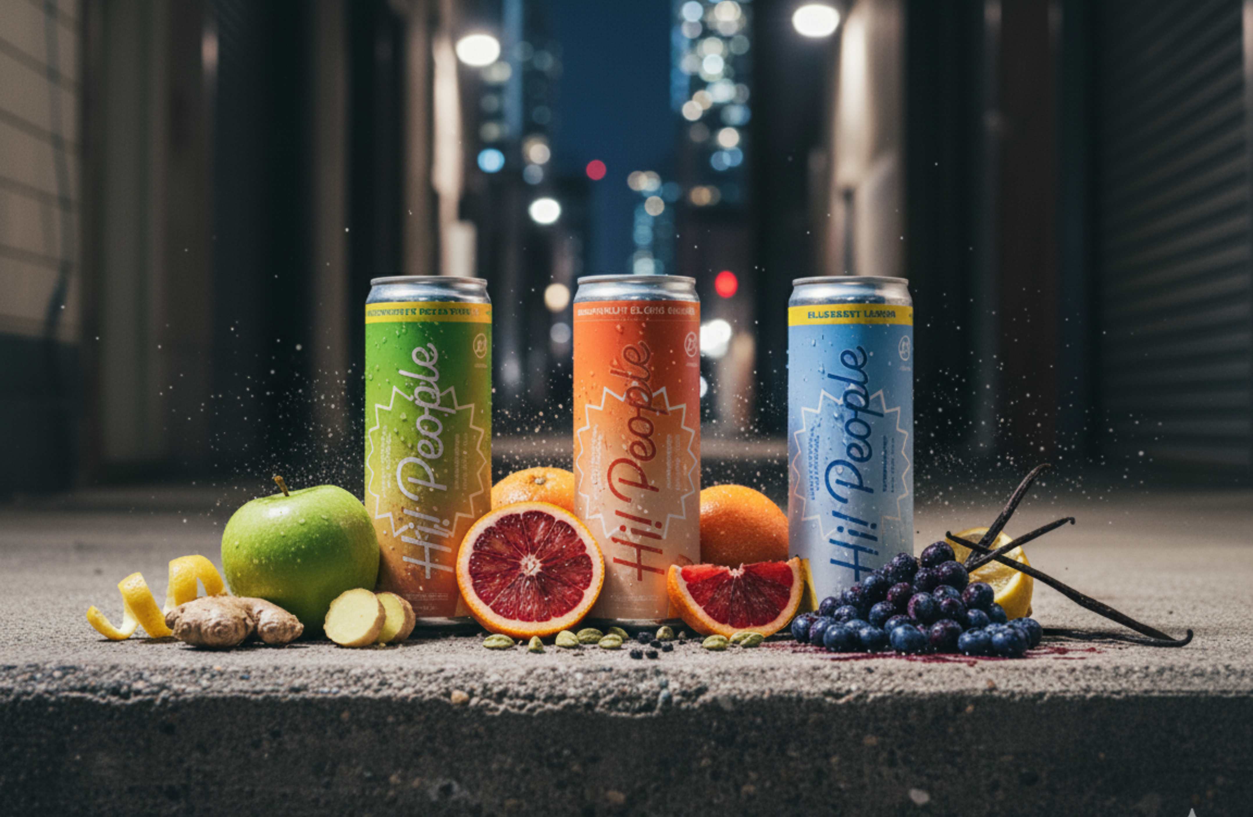 Hi! People hemp-infused seltzer lineup — Connecticut Honey Crisp with a Twist, Grapefruit Blood Orange, and Blueberry Lemon cans with fresh fruits on a city sidewalk at night